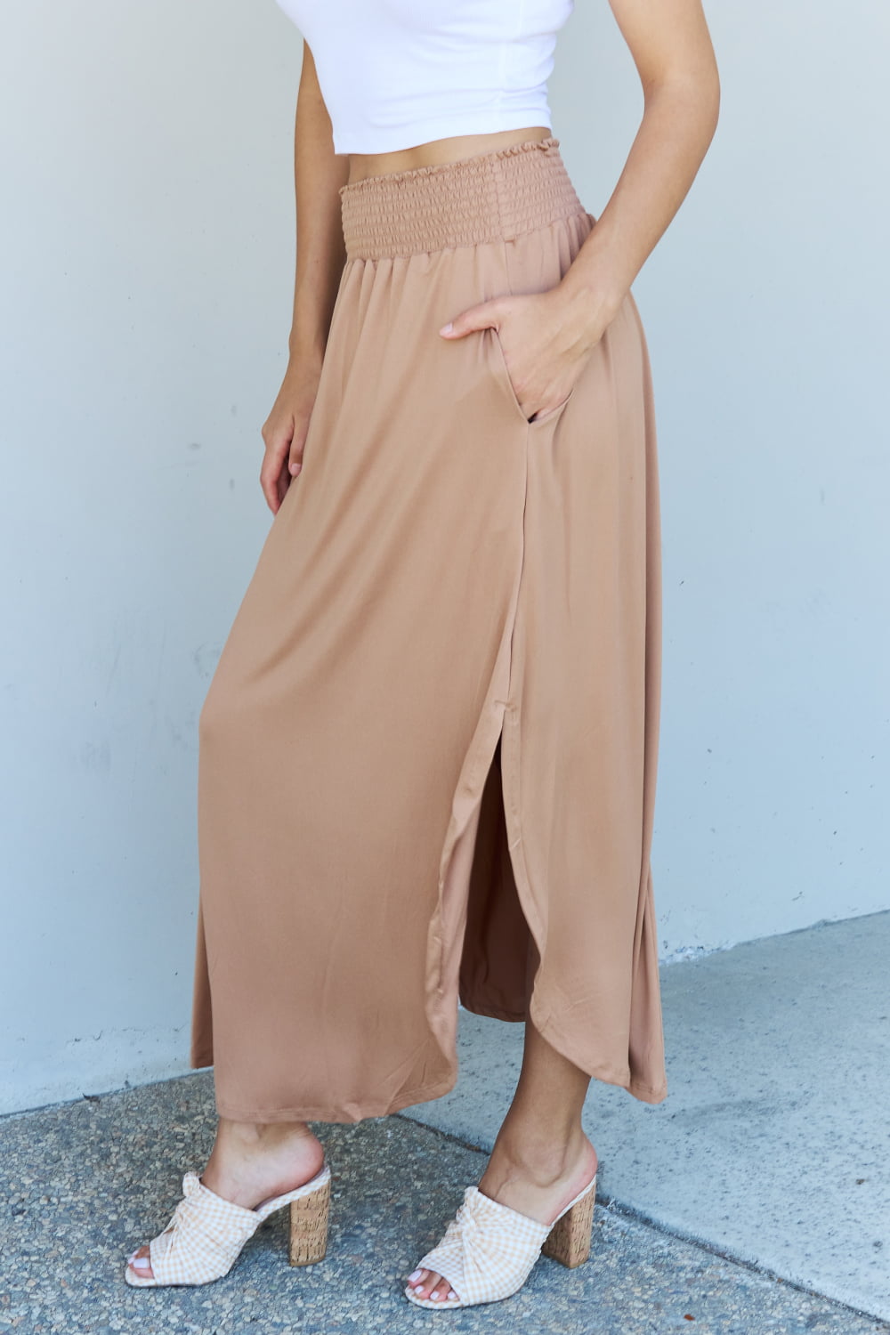 Doublju Comfort Princess Full Size High Waist Scoop Hem Maxi Skirt in Tan - EkaVibe