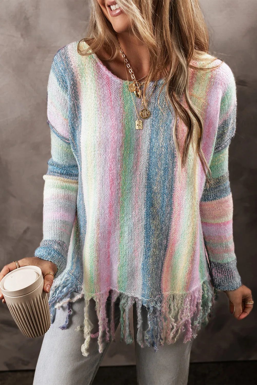 Fringe Color Block Round Neck Sweater - EkaVibe