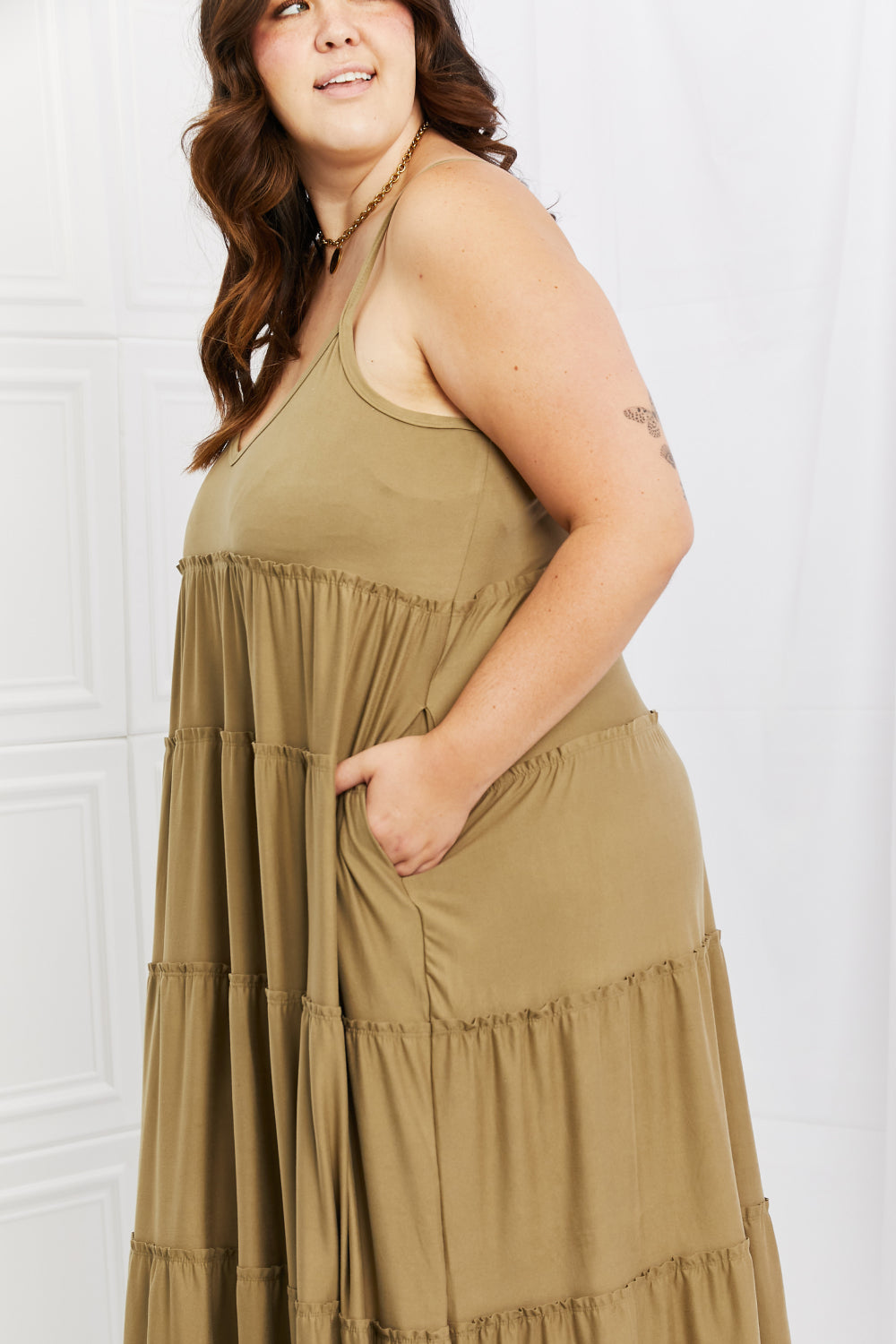 Zenana Full Size Spaghetti Strap Tiered Dress with Pockets in Khaki - EkaVibe