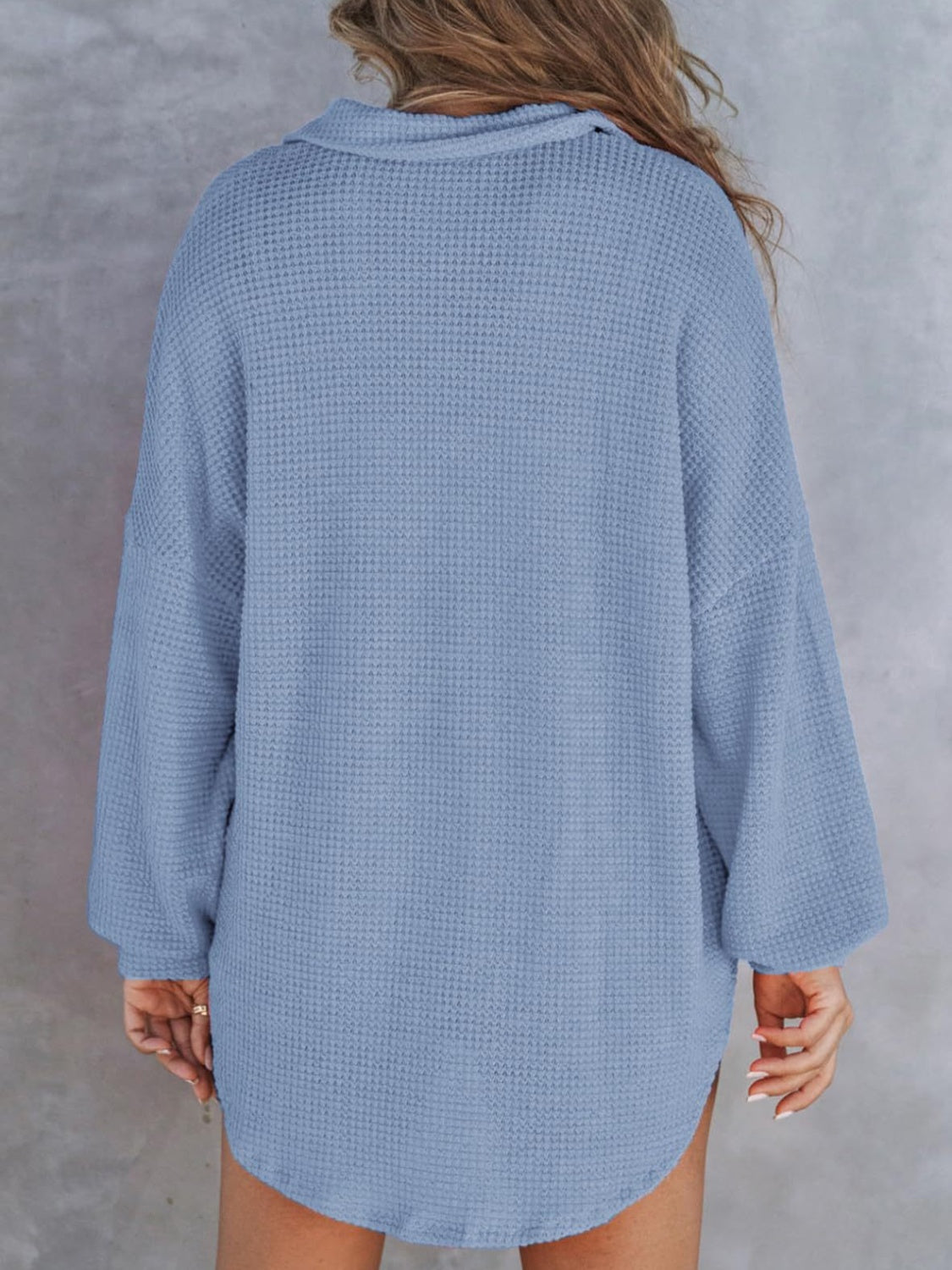 Waffle-Knit Dropped Shoulder Long Sleeve Sweatshirt - EkaVibe