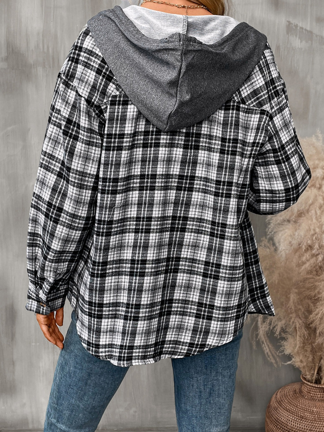 Plaid Long Sleeve Hooded Jacket - EkaVibe