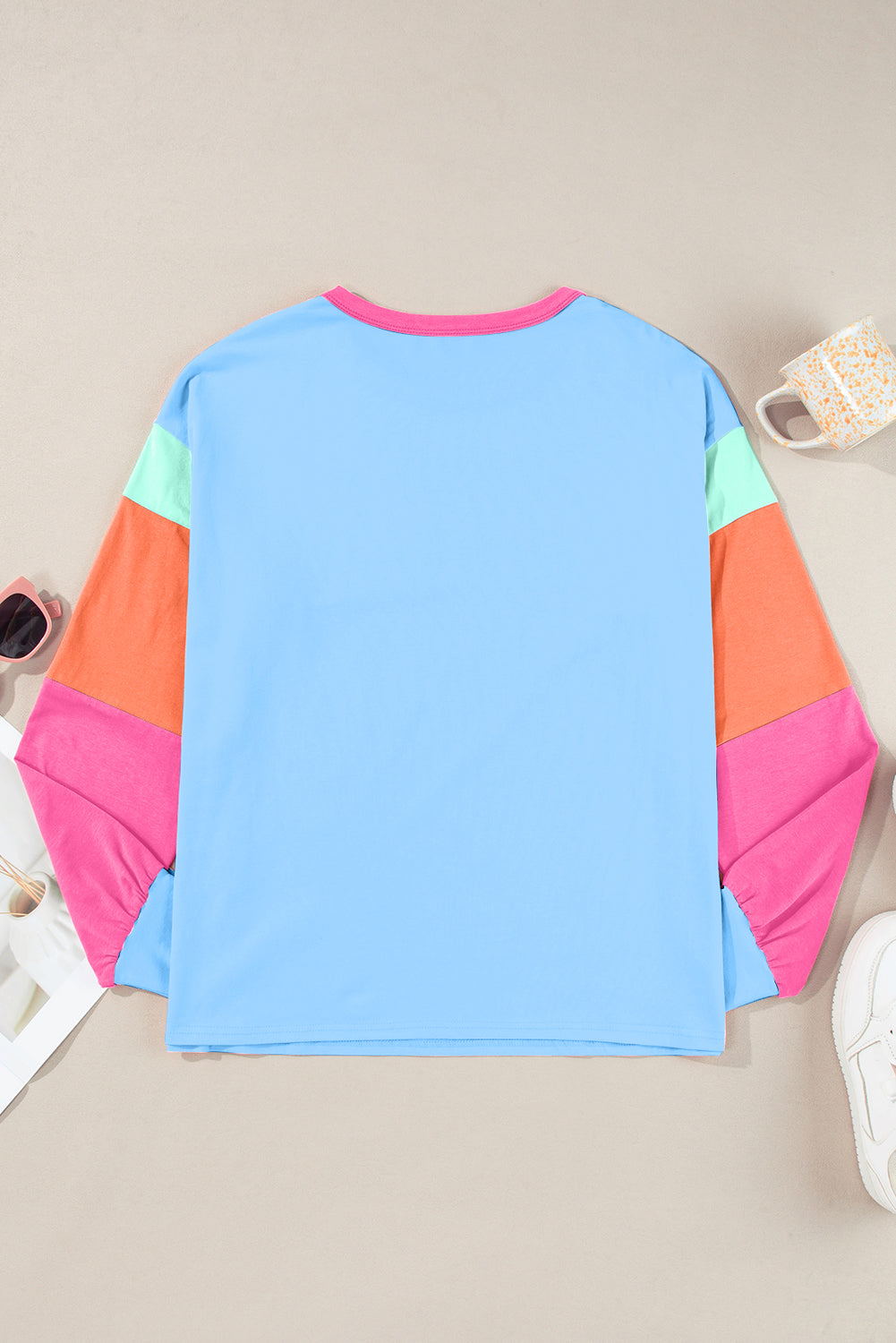 Color Block Round Neck Long Sleeve Top - EkaVibe