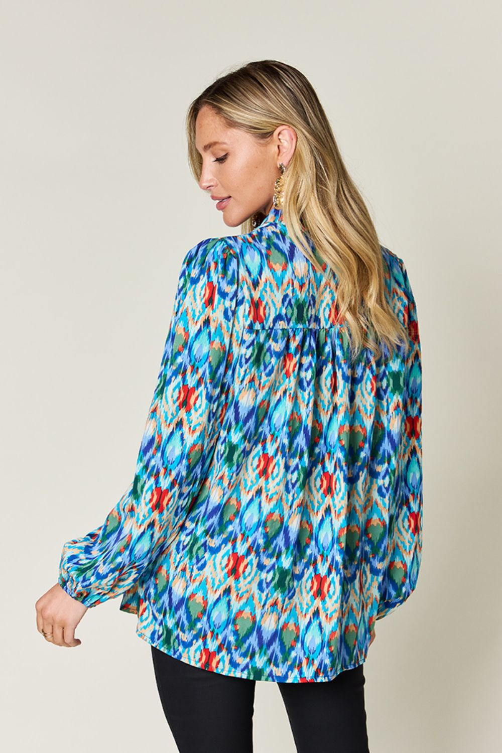 Double Take Full Size Printed Balloon Sleeve Blouse - EkaVibe