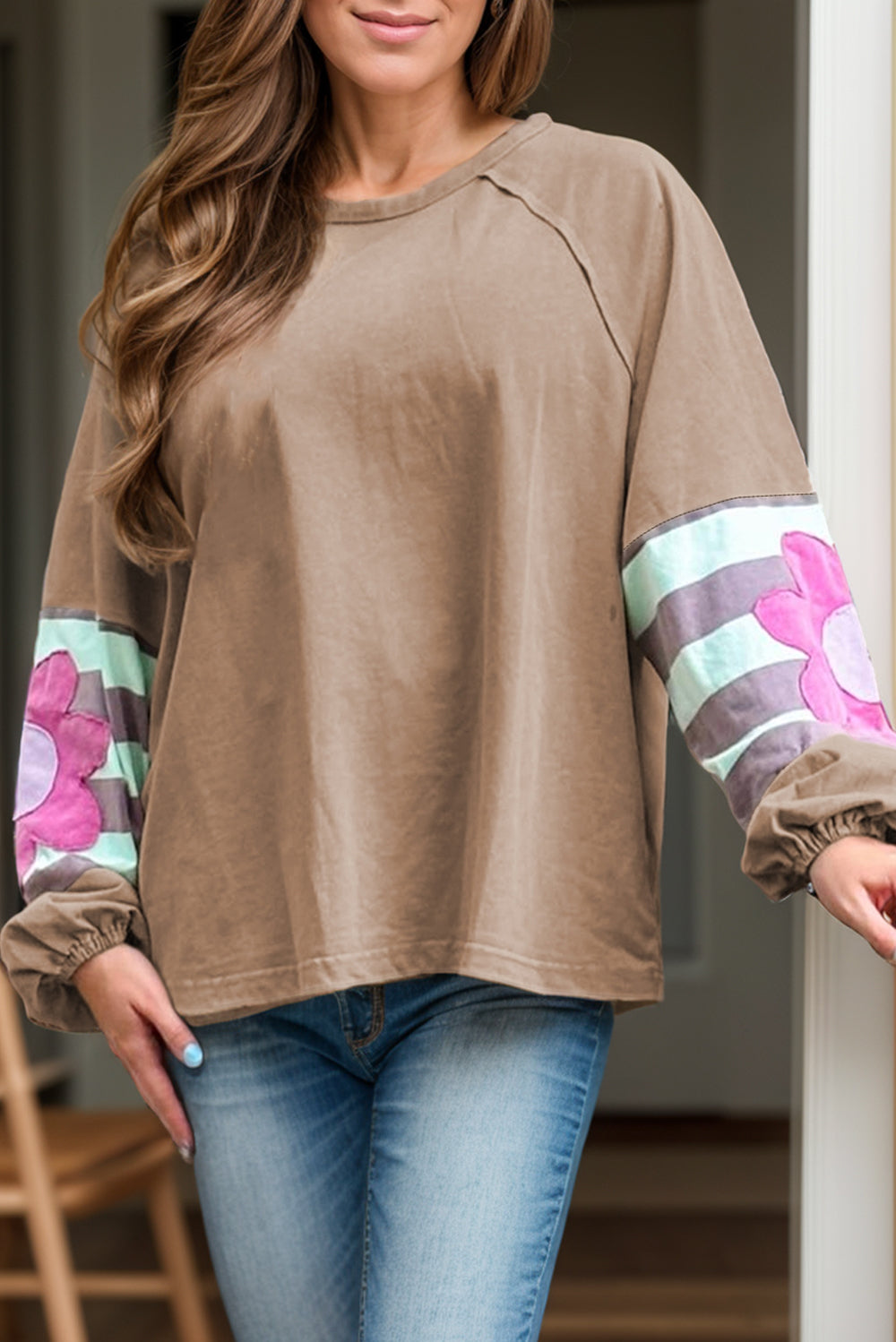 Plus Size Flower Round Neck Long Sleeve Blouse - EkaVibe