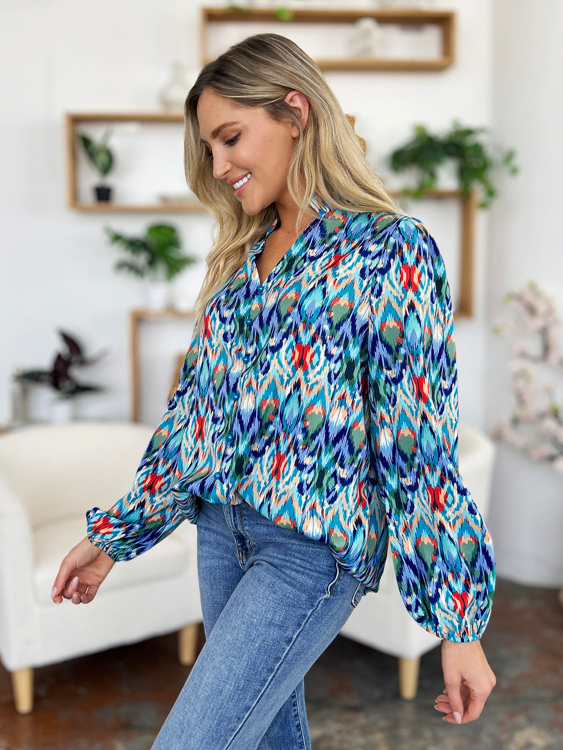 Double Take Full Size Printed Balloon Sleeve Blouse - EkaVibe