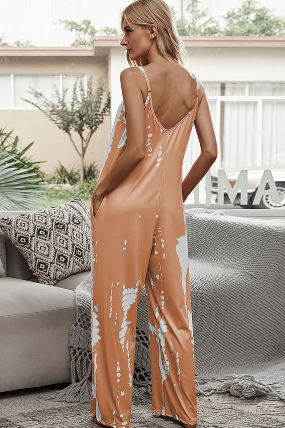 Shiny Tie-Dye Spaghetti Strap Jumpsuit with Pockets - EkaVibe