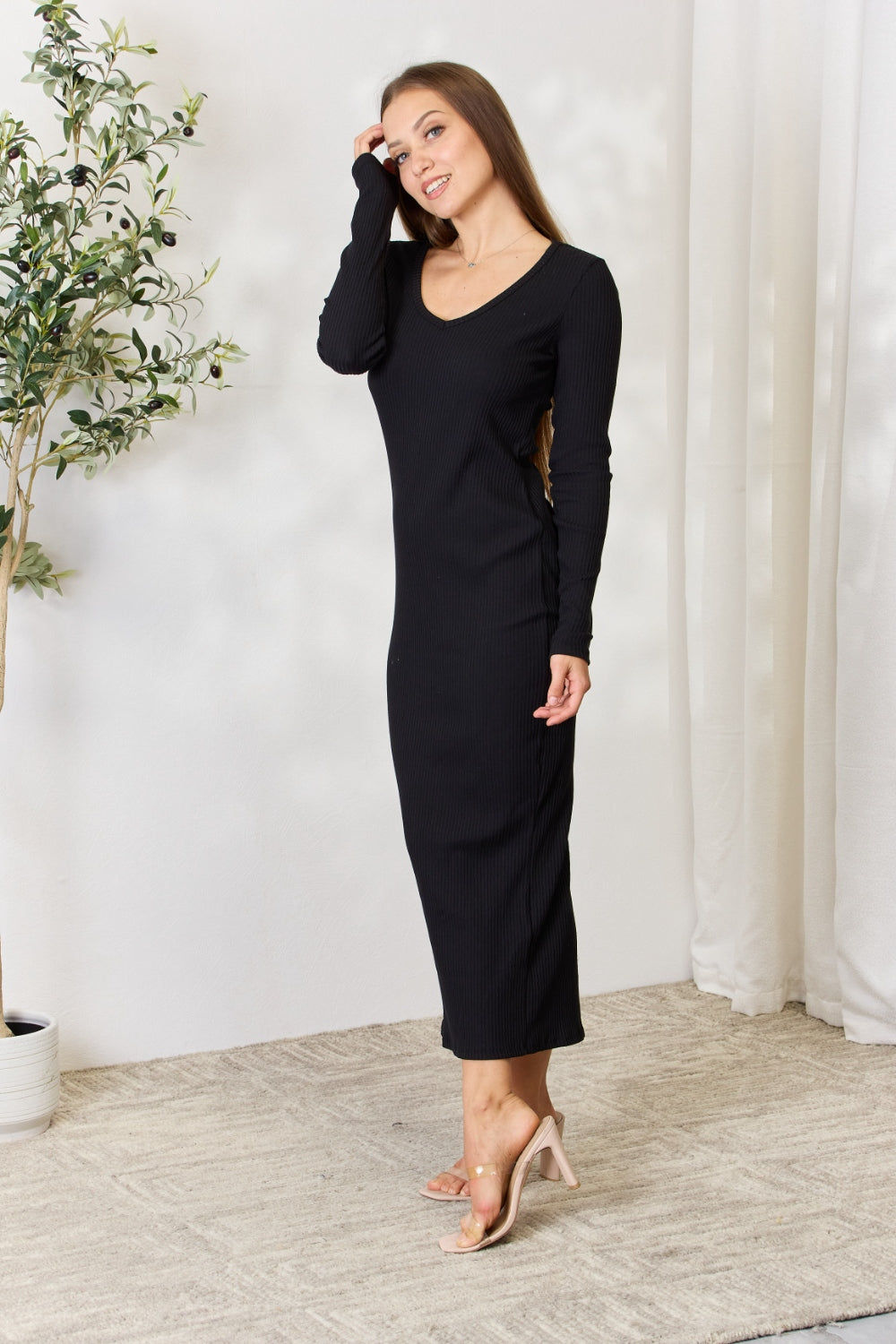 Culture Code Full Size Ribbed Long Sleeve Midi Slit Dress - EkaVibe