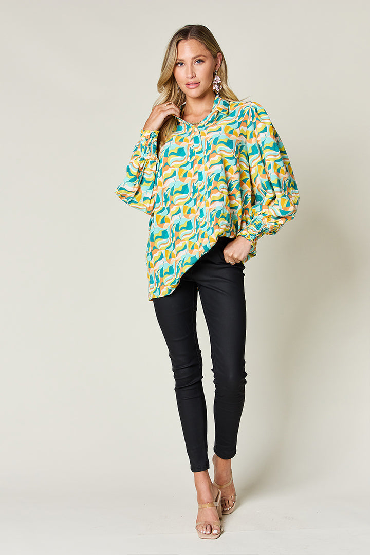 Double Take Full Size Printed Smocked Long Sleeve Blouse - EkaVibe