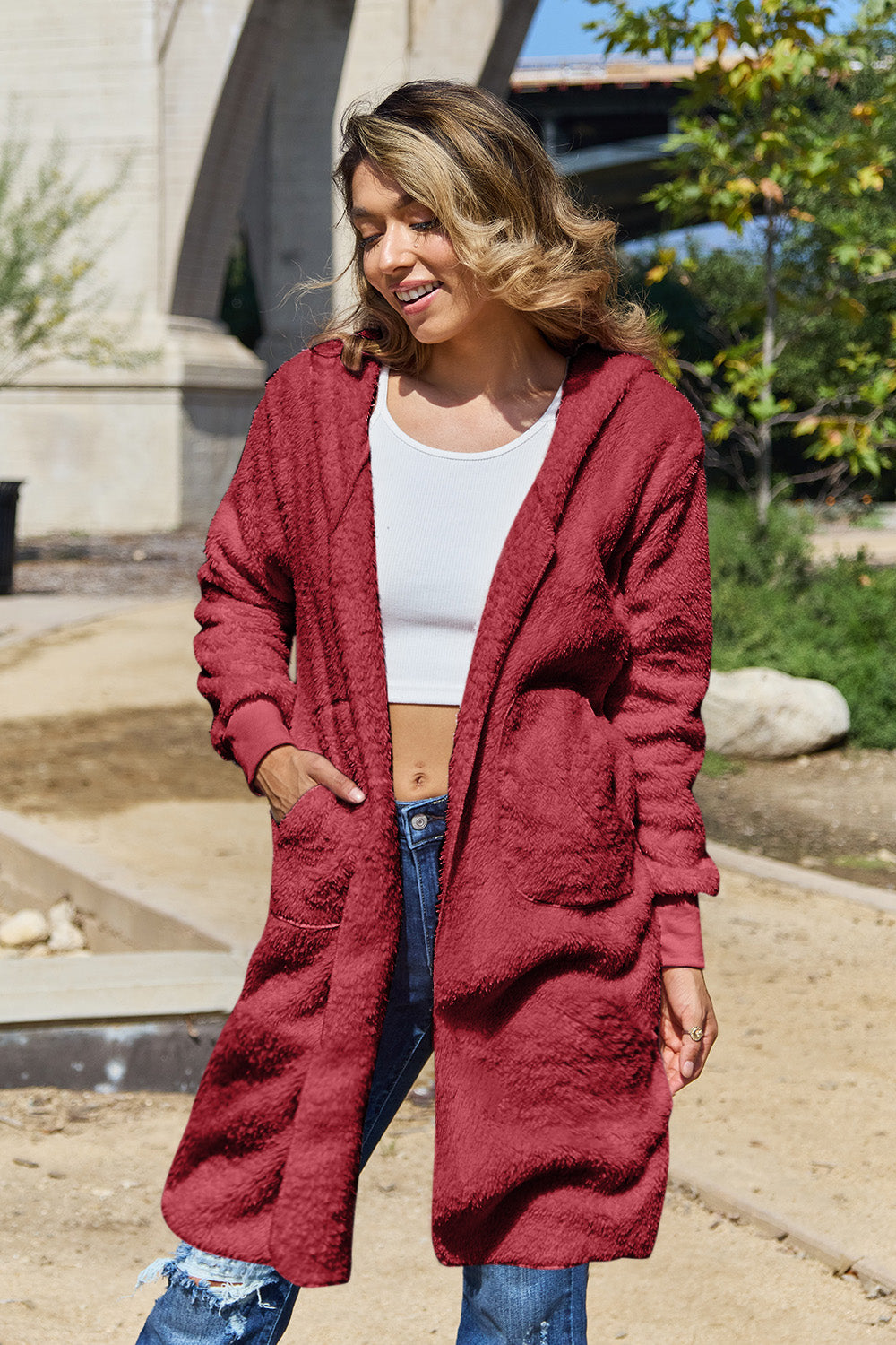 Double Take Full Size Hooded Teddy Bear Jacket with Thumbholes - EkaVibe