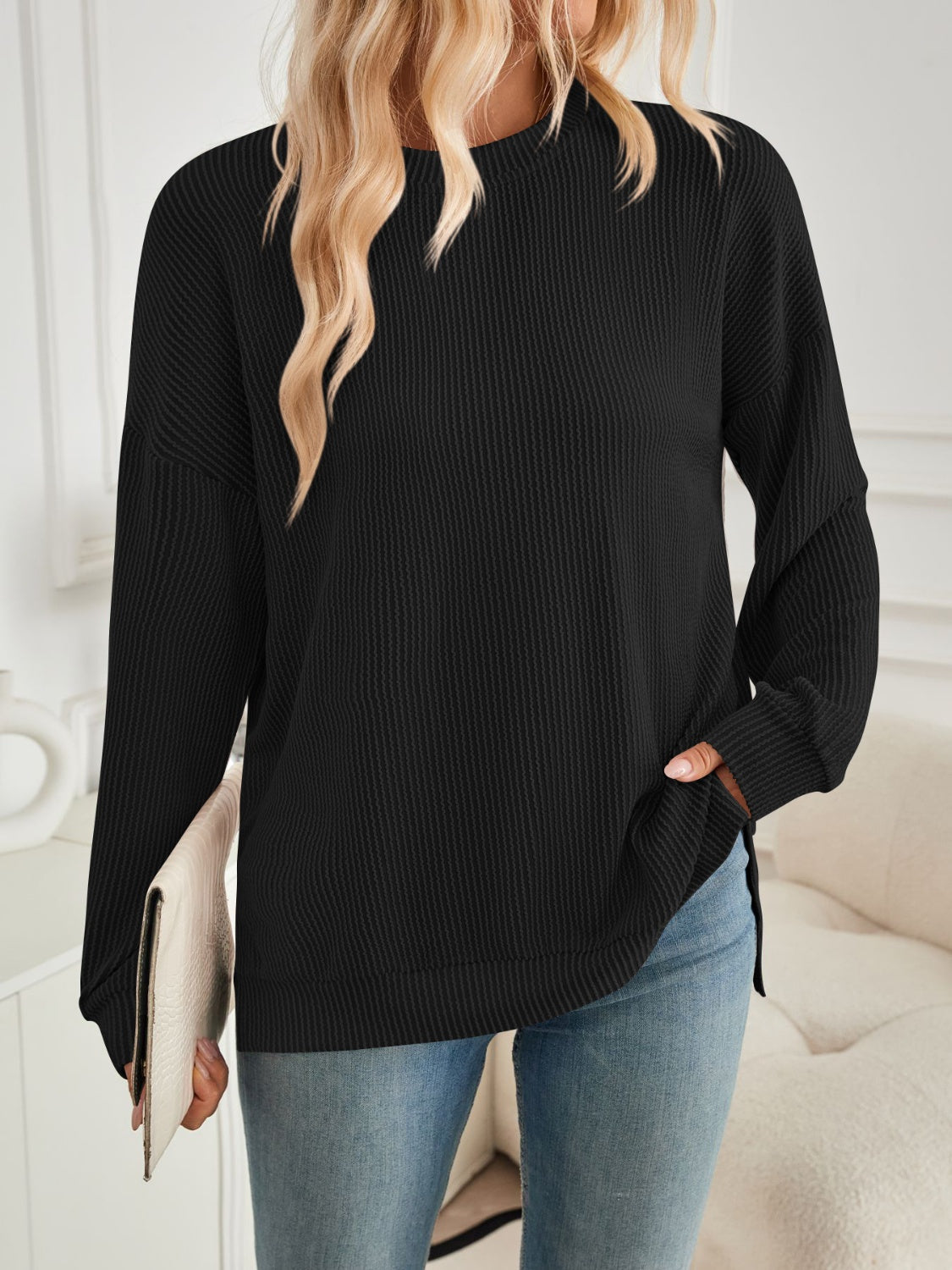 Lovelet Slit Round Neck Long Sleeve Sweatshirt - EkaVibe