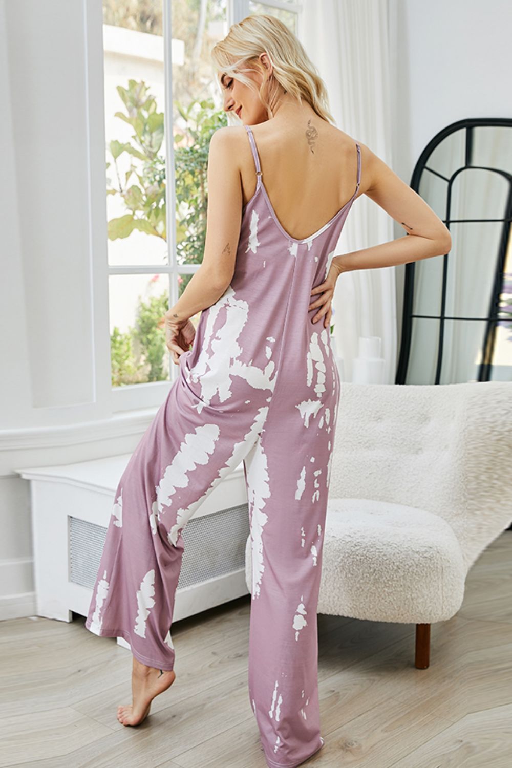 Shiny Tie-Dye Spaghetti Strap Jumpsuit with Pockets - EkaVibe