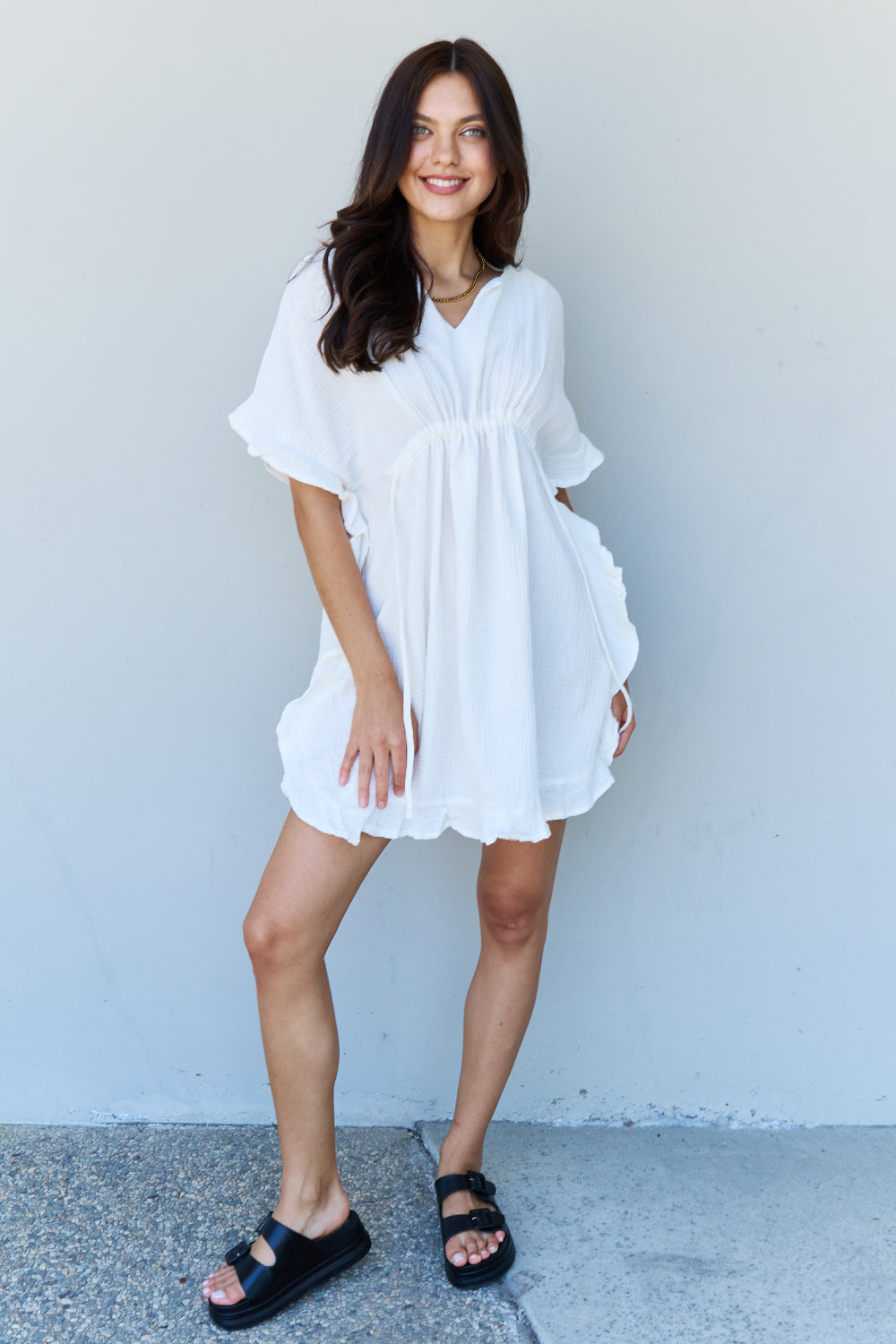 Ninexis Out Of Time Full Size Ruffle Hem Dress with Drawstring Waistband in White - EkaVibe