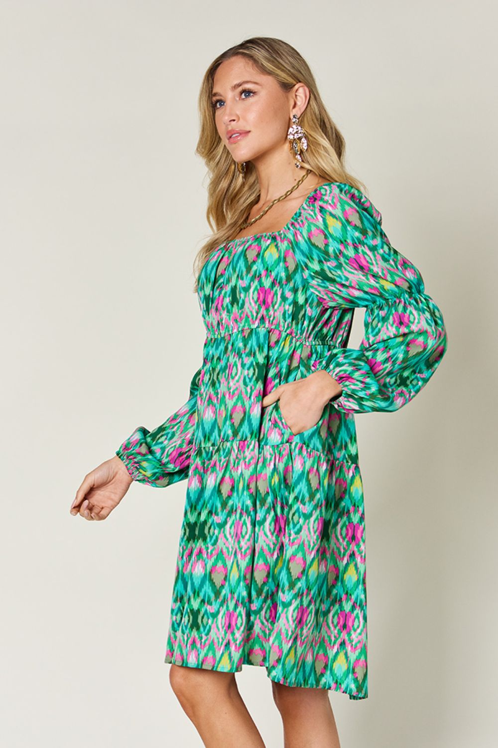 Double Take Full Size Printed Long Sleeve Dress - EkaVibe