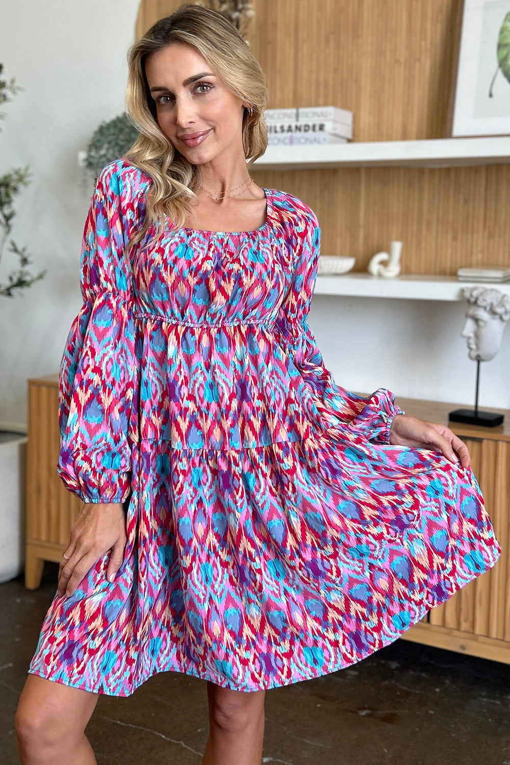 Double Take Full Size Printed Long Sleeve Dress - EkaVibe