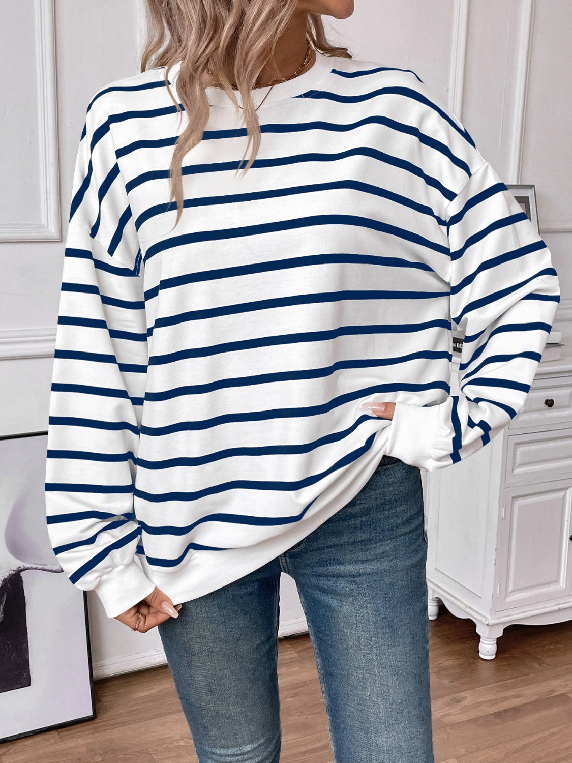 Lovelet Striped Round Neck Long Sleeve Sweatshirt - EkaVibe