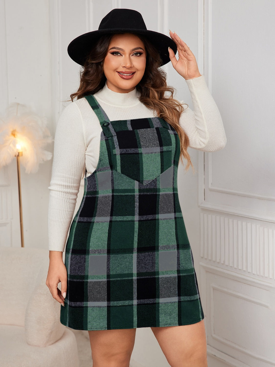 Honey Plus Size Plaid Wide Strap Overall Dress - EkaVibe