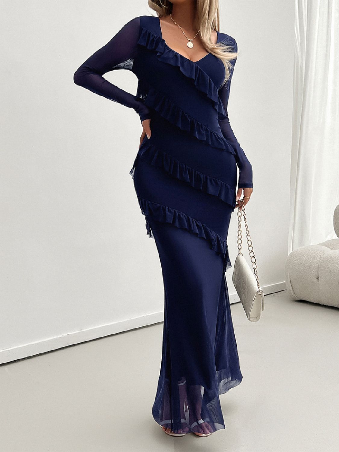 Devine Ruffled Surplice Long Sleeve Maxi Dress - EkaVibe