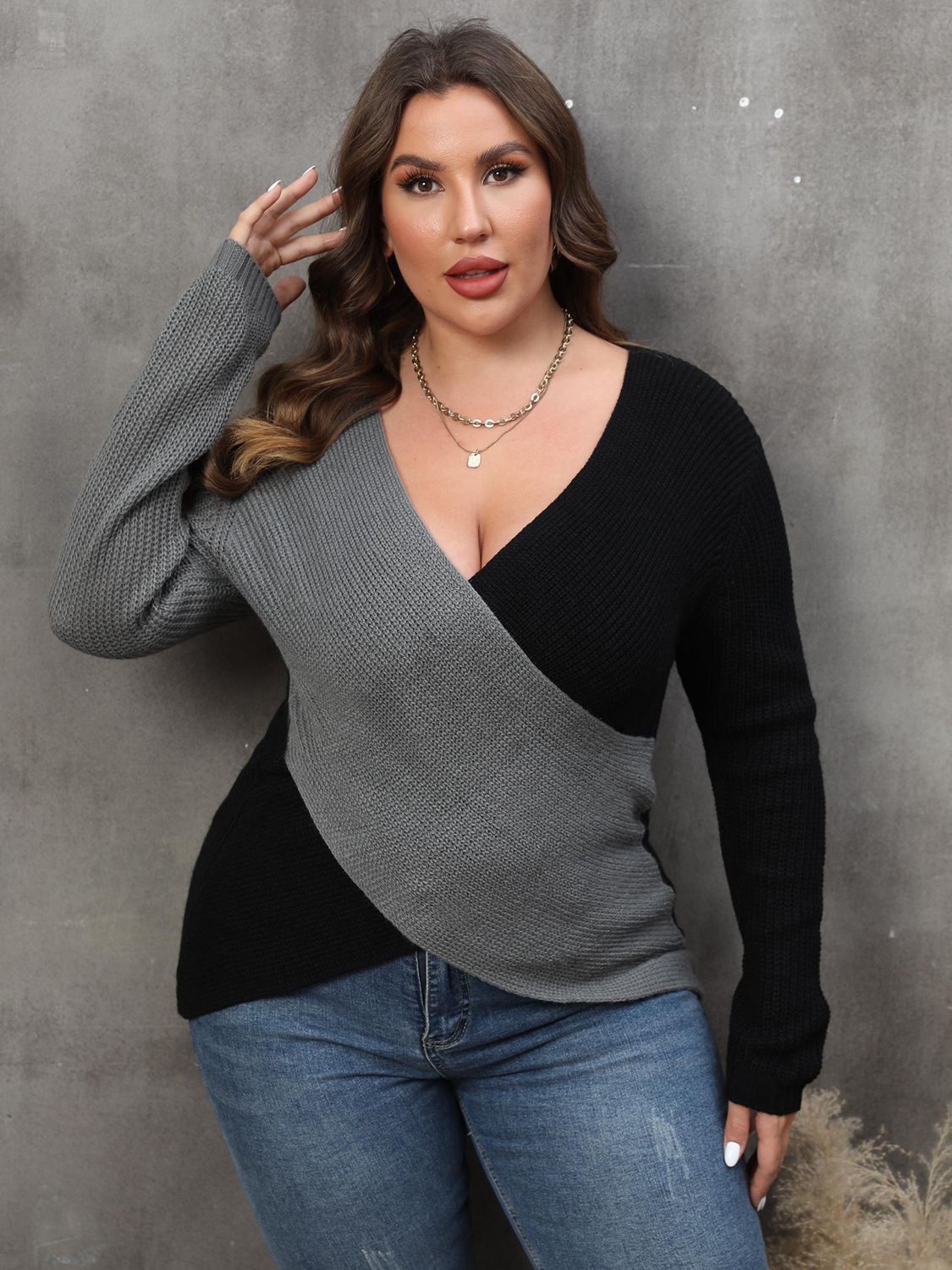 Plus Size Two-Tone Surplice Neck Sweater - EkaVibe