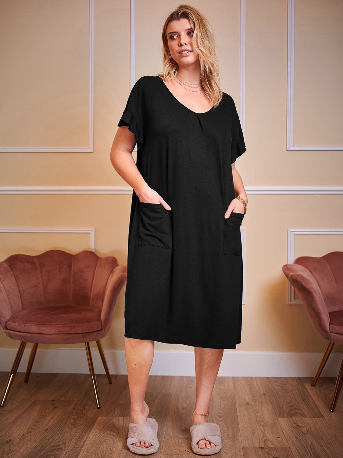 Plus Size Round Neck Short Sleeve Lounge Dress - EkaVibe