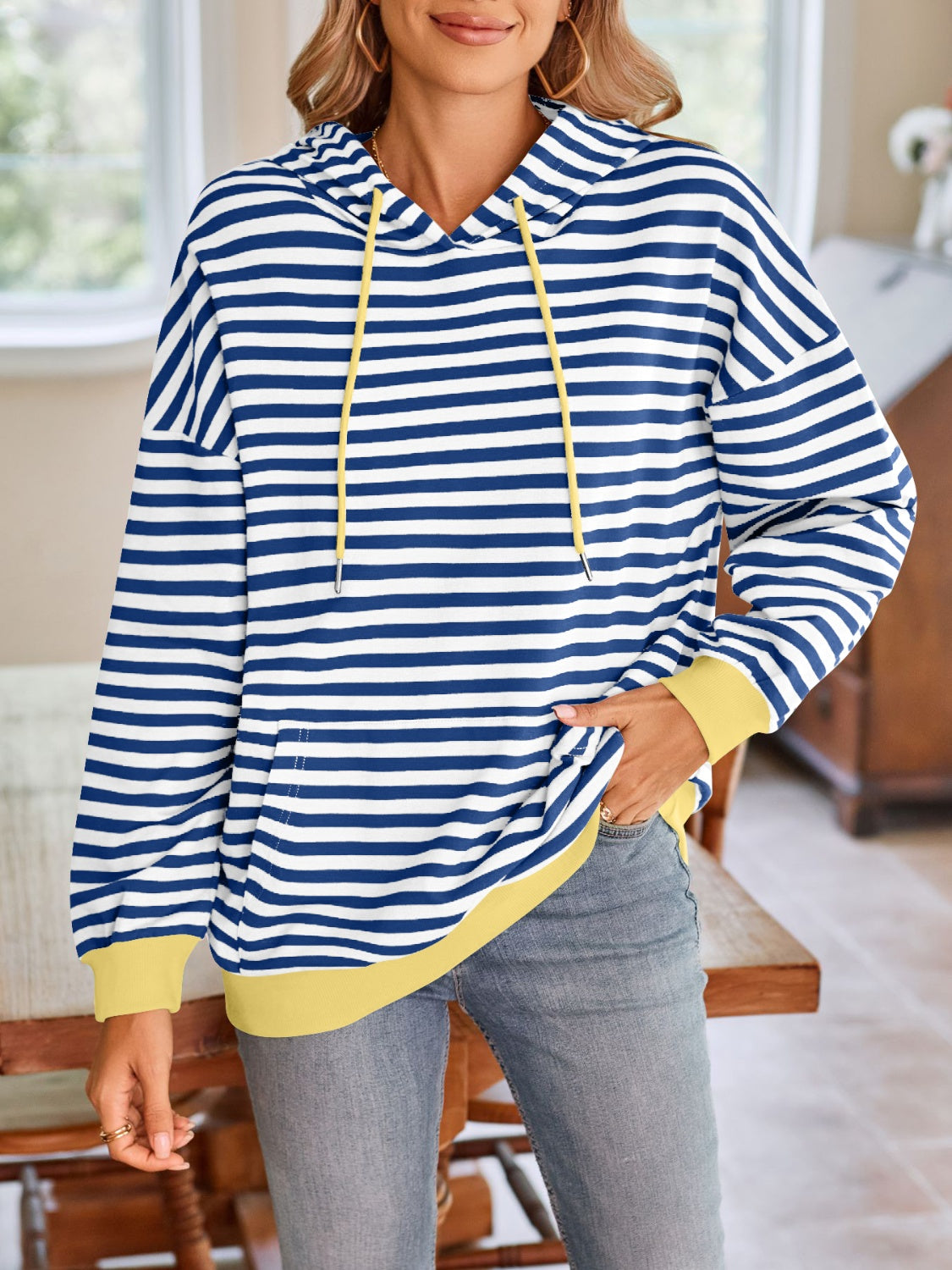 Lovelet Drawstring Striped Long Sleeve Hoodie - EkaVibe