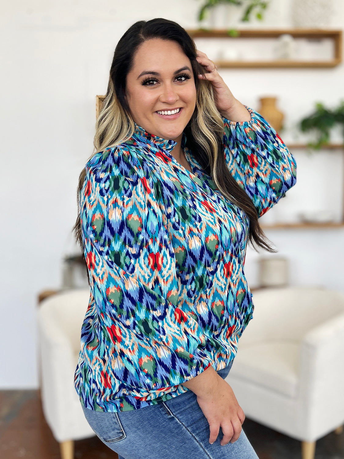 Double Take Full Size Printed Balloon Sleeve Blouse - EkaVibe