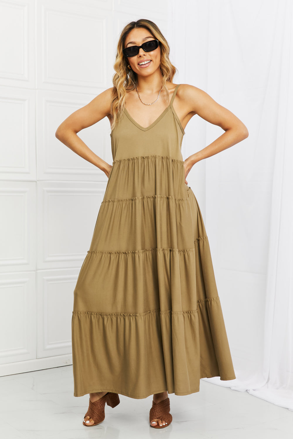 Zenana Full Size Spaghetti Strap Tiered Dress with Pockets in Khaki - EkaVibe