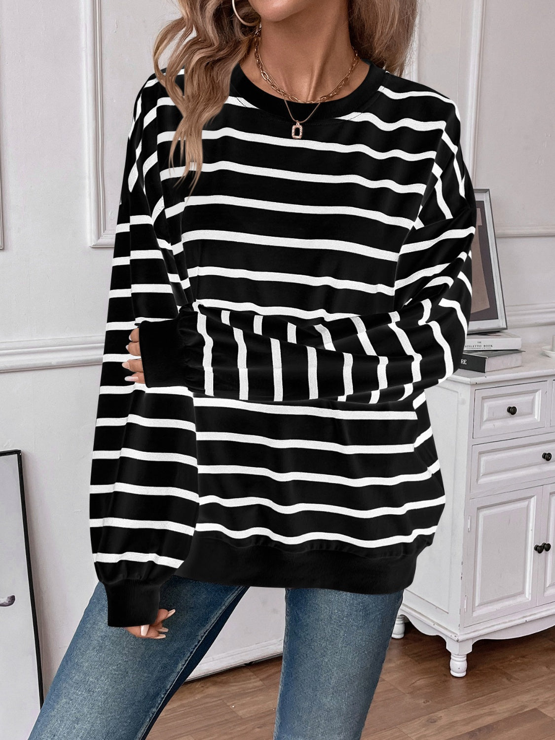 Lovelet Striped Round Neck Long Sleeve Sweatshirt - EkaVibe