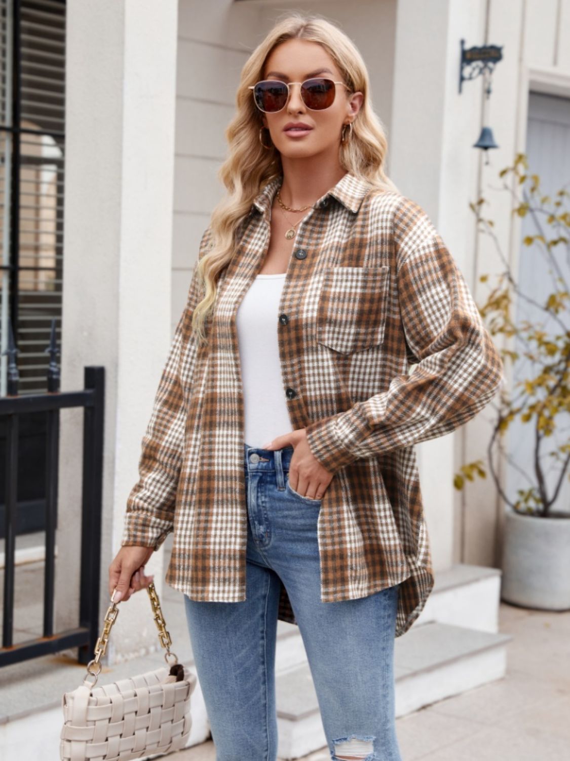 Mandy Pocketed Plaid Collared Neck Long Sleeve Shirt - EkaVibe