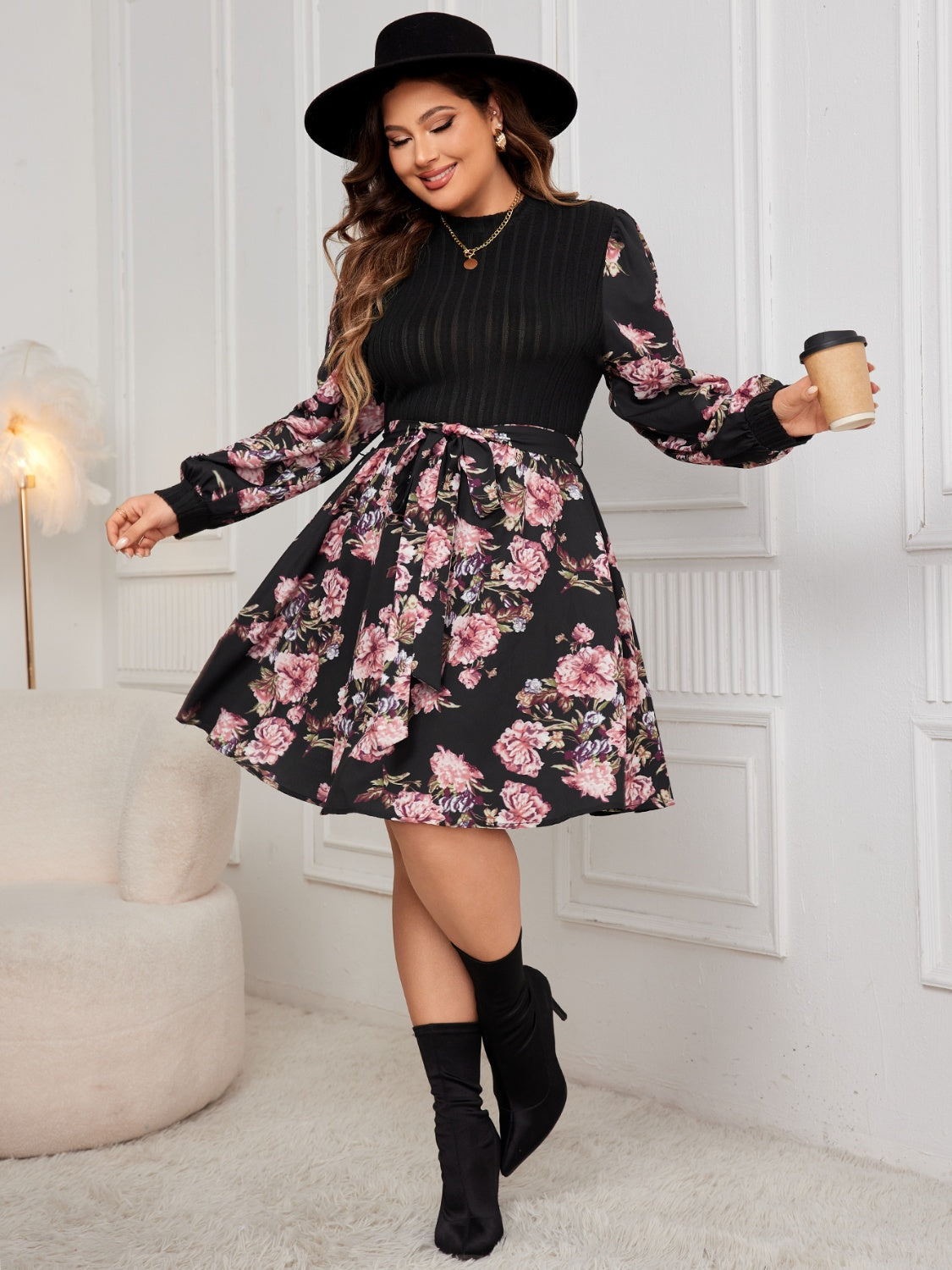 Honey Plus Size Tied Printed Long Sleeve Dress - EkaVibe