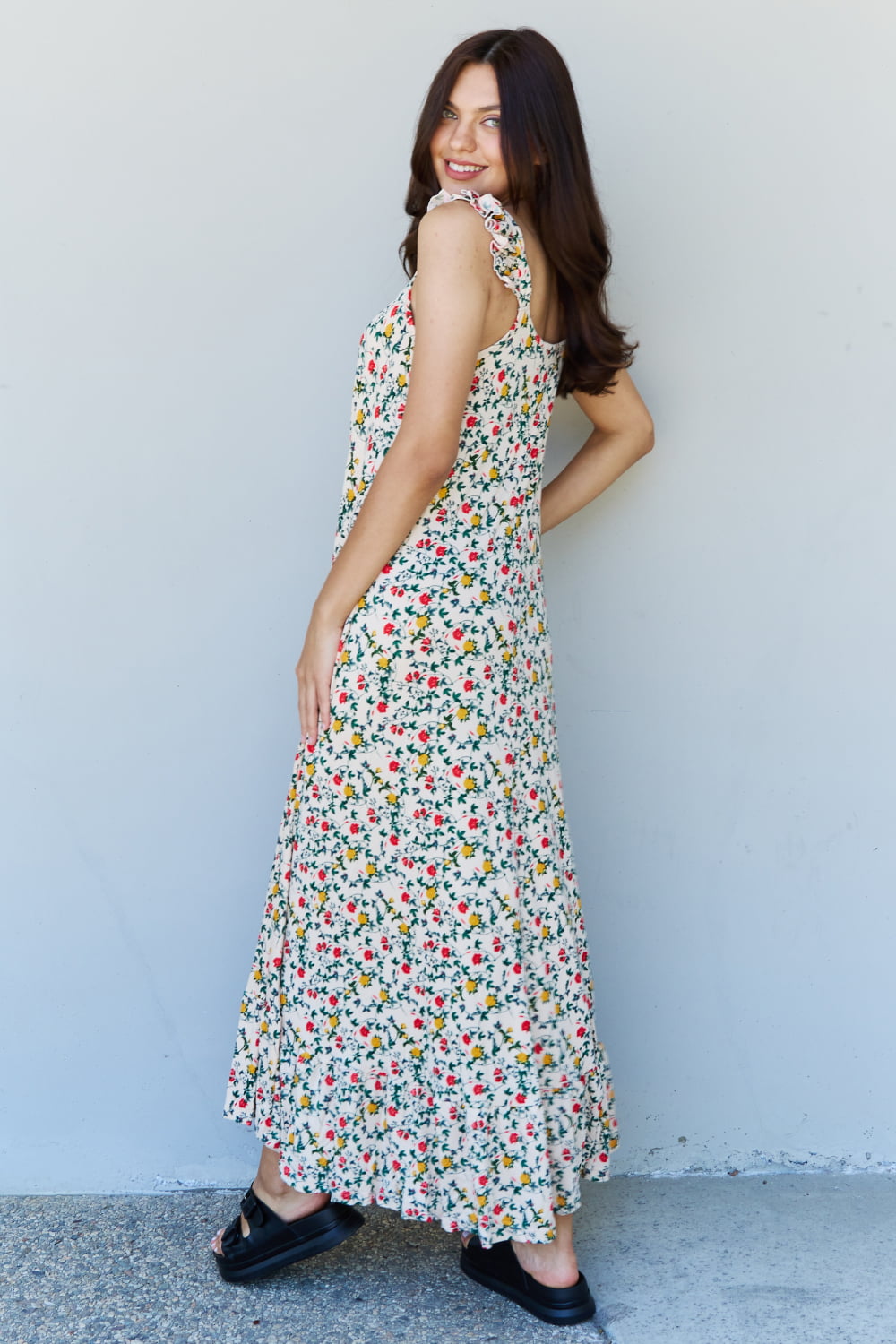 Doublju In The Garden Ruffle Floral Maxi Dress in Natural Rose - EkaVibe