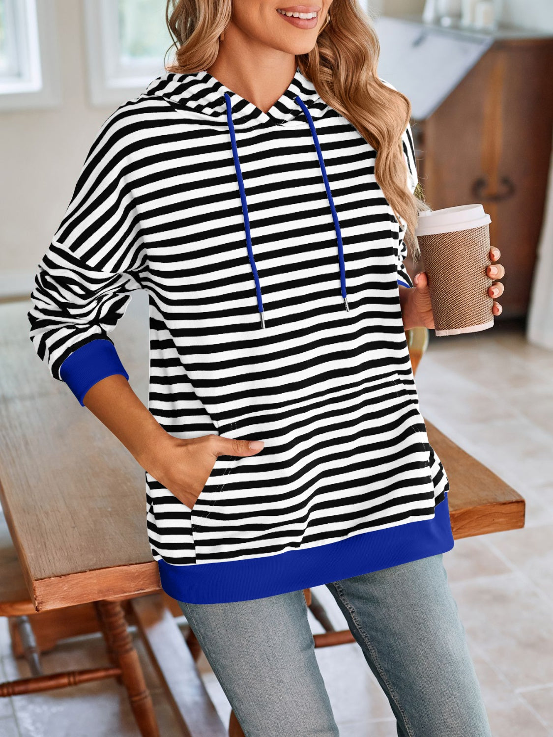 Lovelet Drawstring Striped Long Sleeve Hoodie - EkaVibe