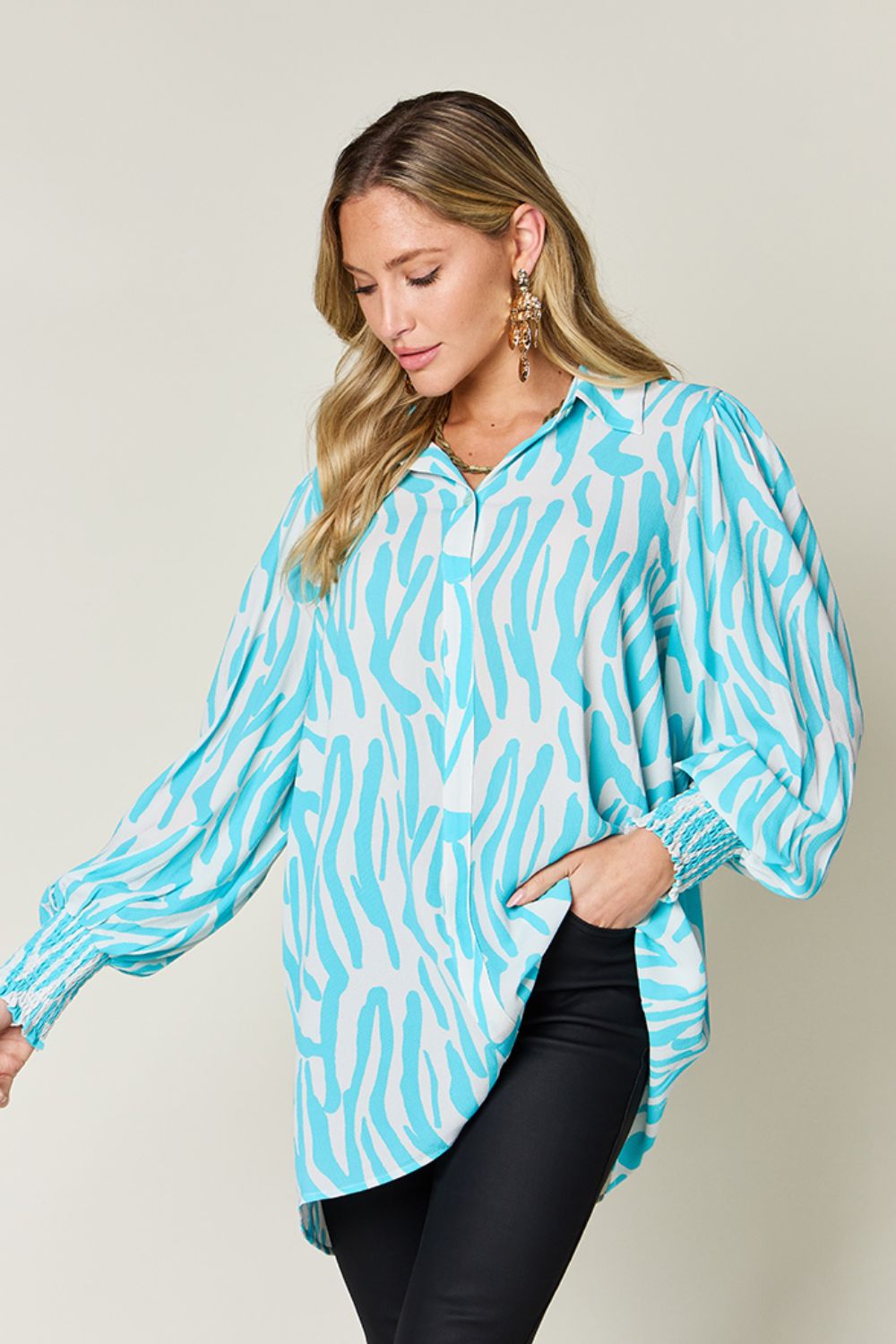 Double Take Full Size Printed Smocked Long Sleeve Blouse - EkaVibe