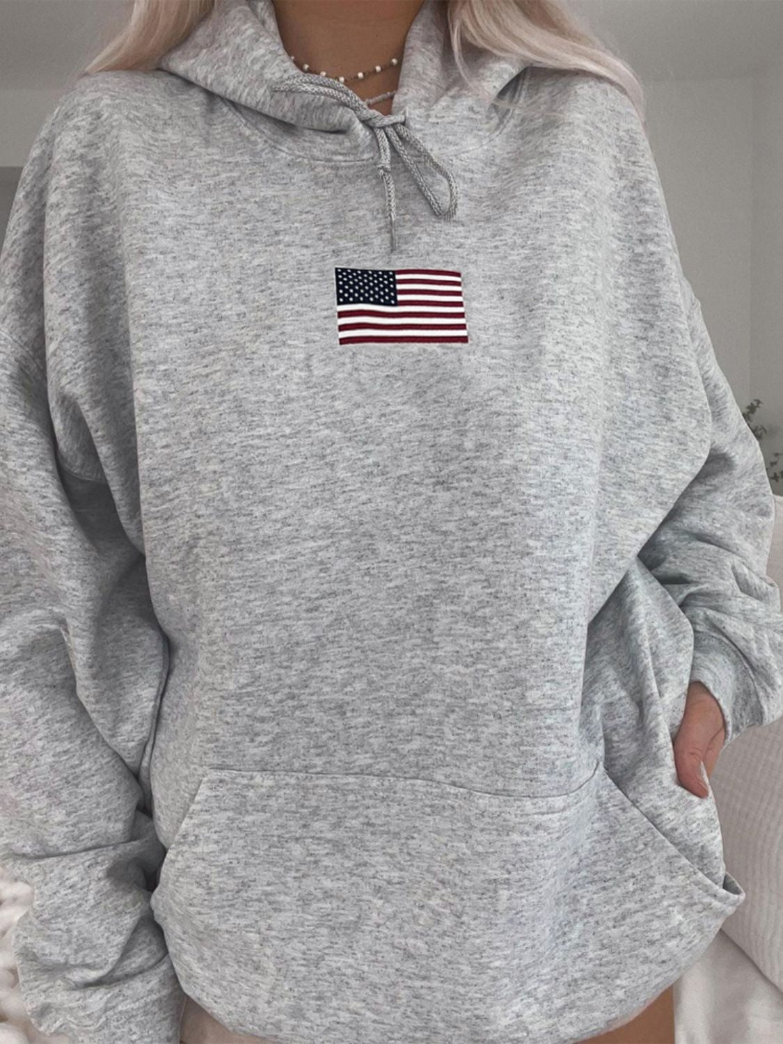 Devine Drawstring US Flag Long Sleeve Hoodie - EkaVibe