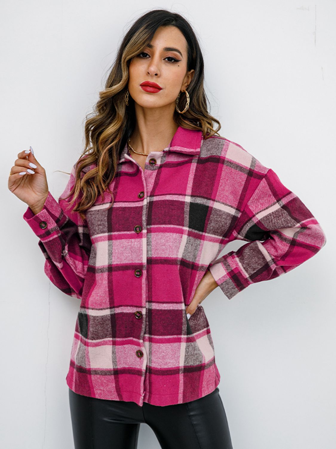 Shiny Plaid Button Up Collared Neck Jacket - EkaVibe