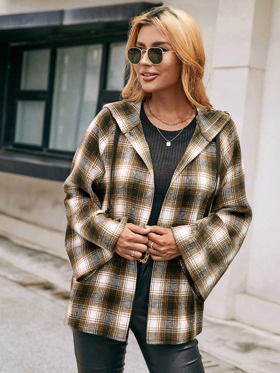 Ivy Lane Pocketed Plaid Long Sleeve Hooded Jacket - EkaVibe