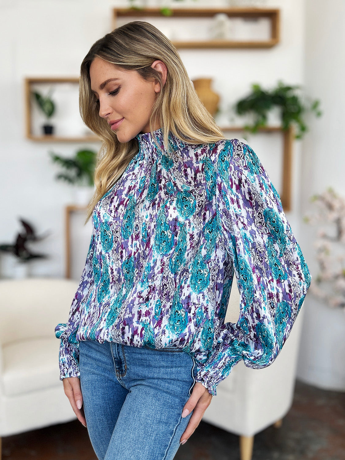 Double Take Full Size Printed Smocked Long Sleeve Blouse - EkaVibe