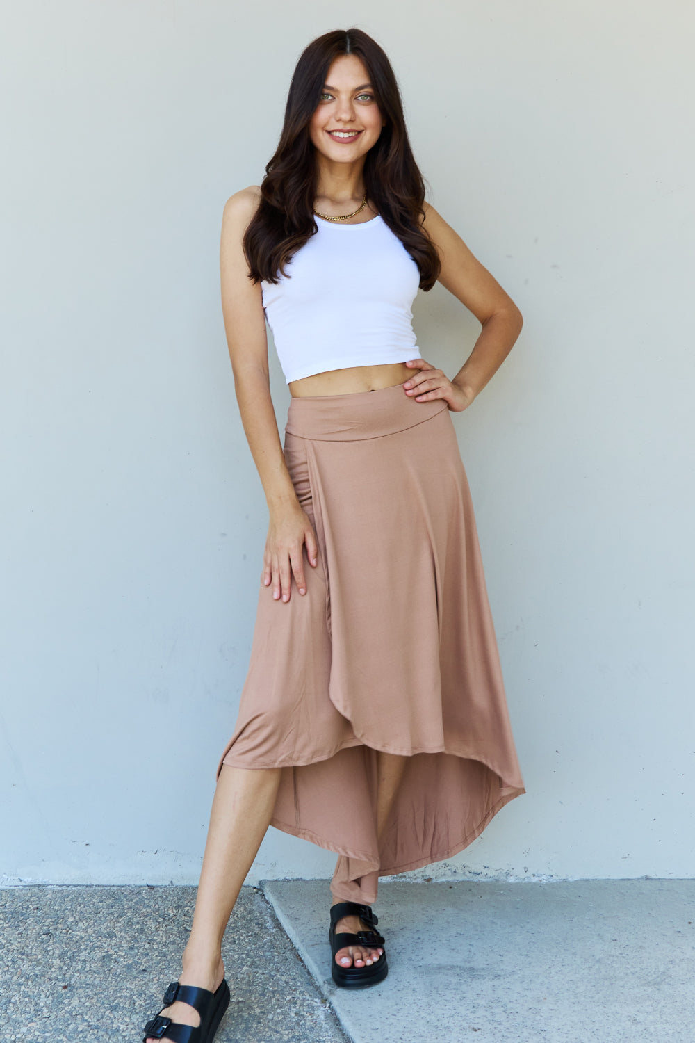 Ninexis First Choice High Waisted Flare Maxi Skirt in Camel - EkaVibe