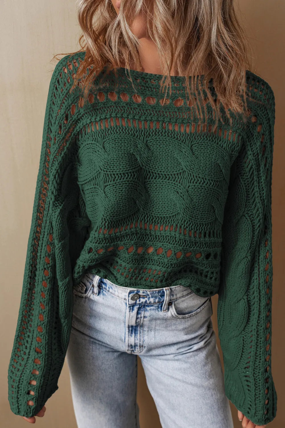 Cable-Knit Openwork Long Sleeve Sweater - EkaVibe