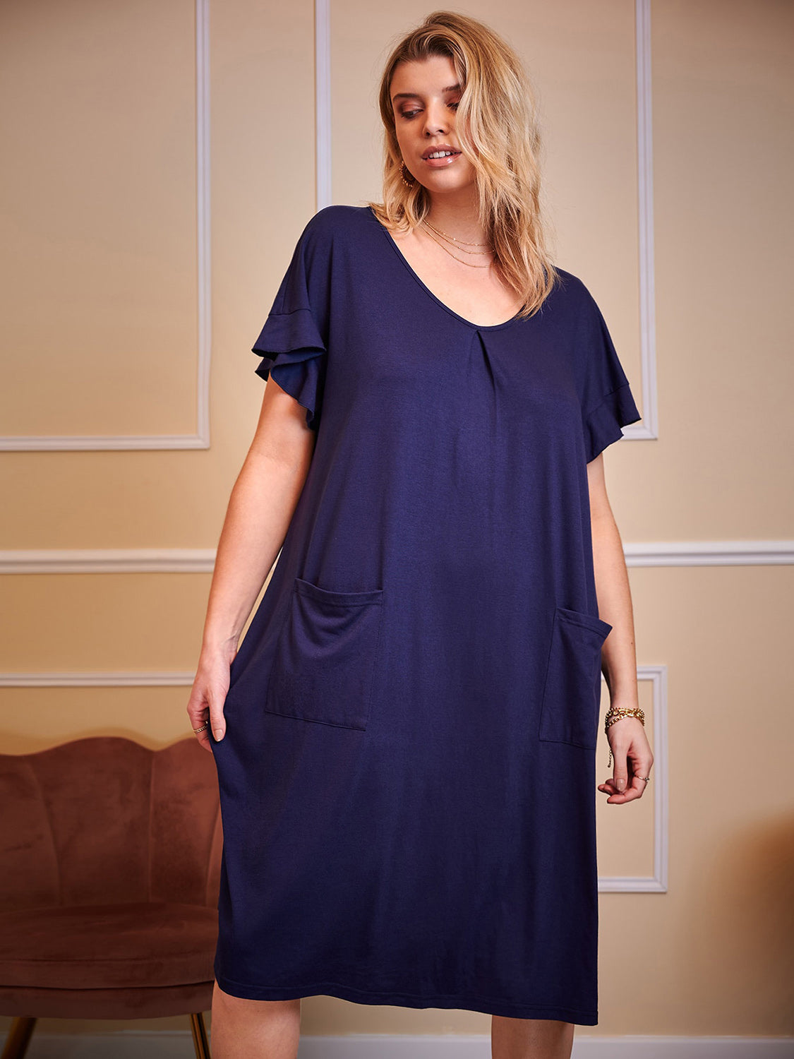 Plus Size Round Neck Short Sleeve Lounge Dress - EkaVibe