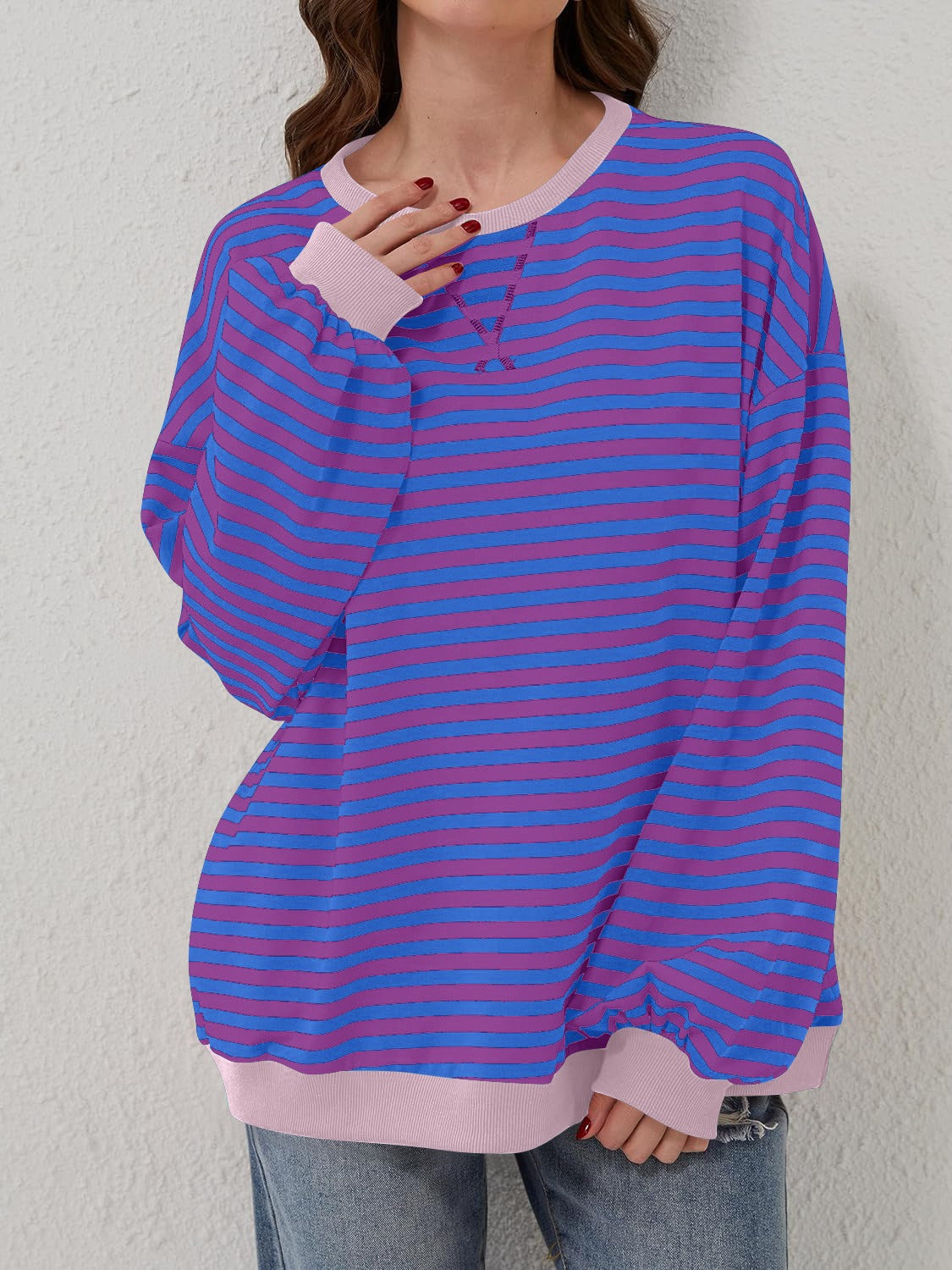 Lovelet Contrast Striped Long Sleeve Sweatshirt - EkaVibe