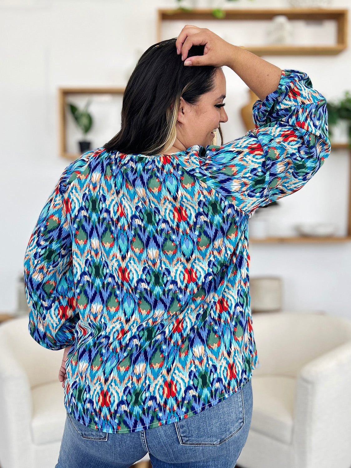 Double Take Full Size Printed Balloon Sleeve Blouse - EkaVibe