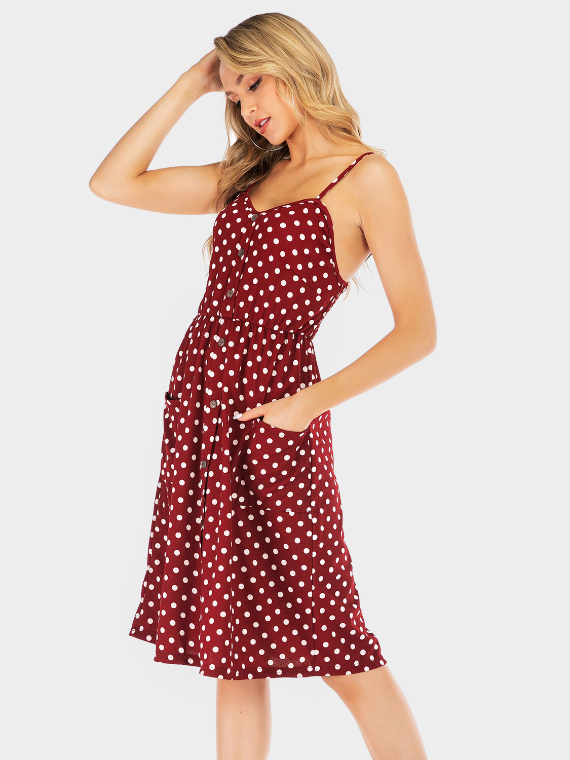 Perfee Polka Dot Sweetheart Neck Dress with Pockets - EkaVibe