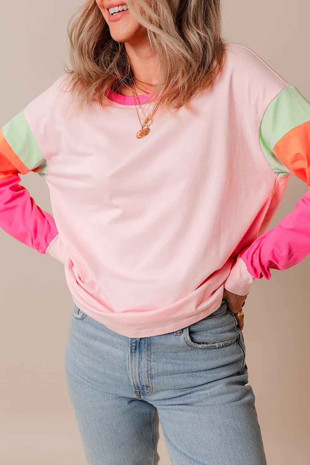 Color Block Round Neck Long Sleeve Top - EkaVibe