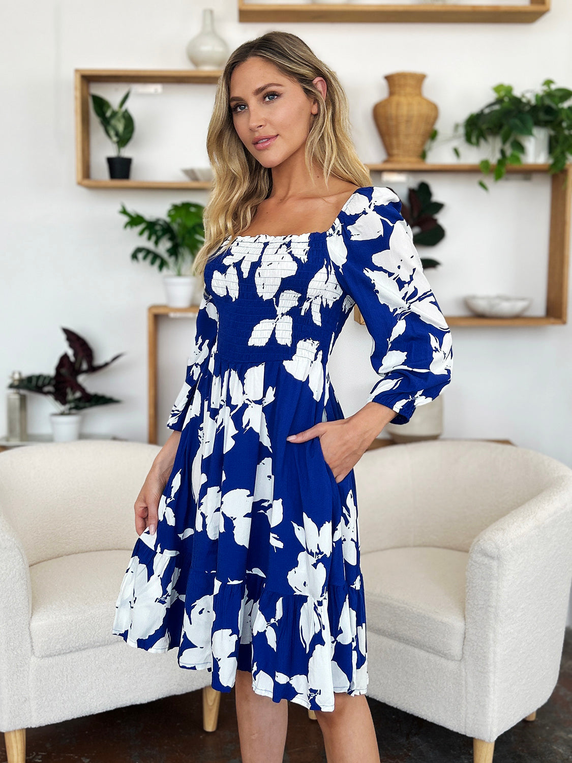 Double Take Full Size Floral Ruffle Hem Smocked Dress with Pockets - EkaVibe