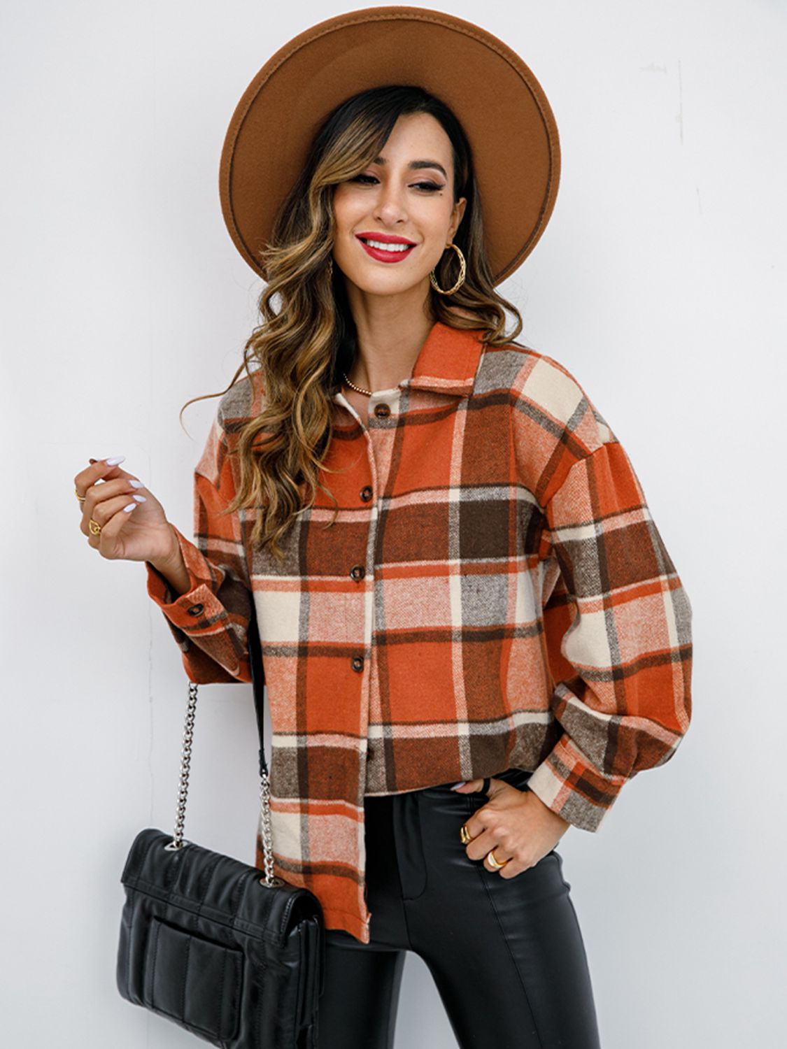 Shiny Plaid Button Up Collared Neck Jacket - EkaVibe