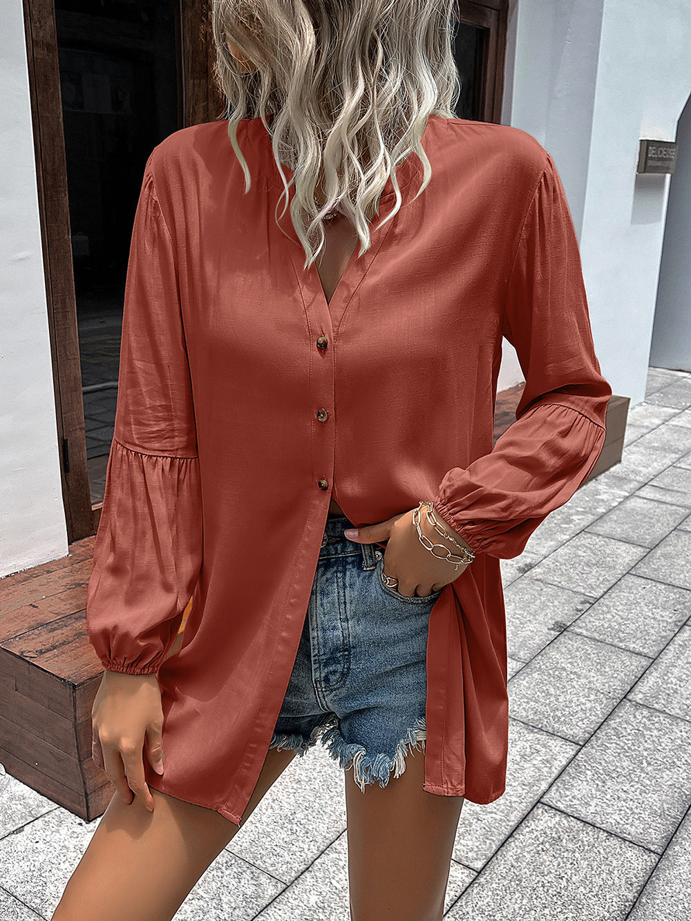 Ivy Lane Notched Neck Balloon Sleeve Shirt - EkaVibe