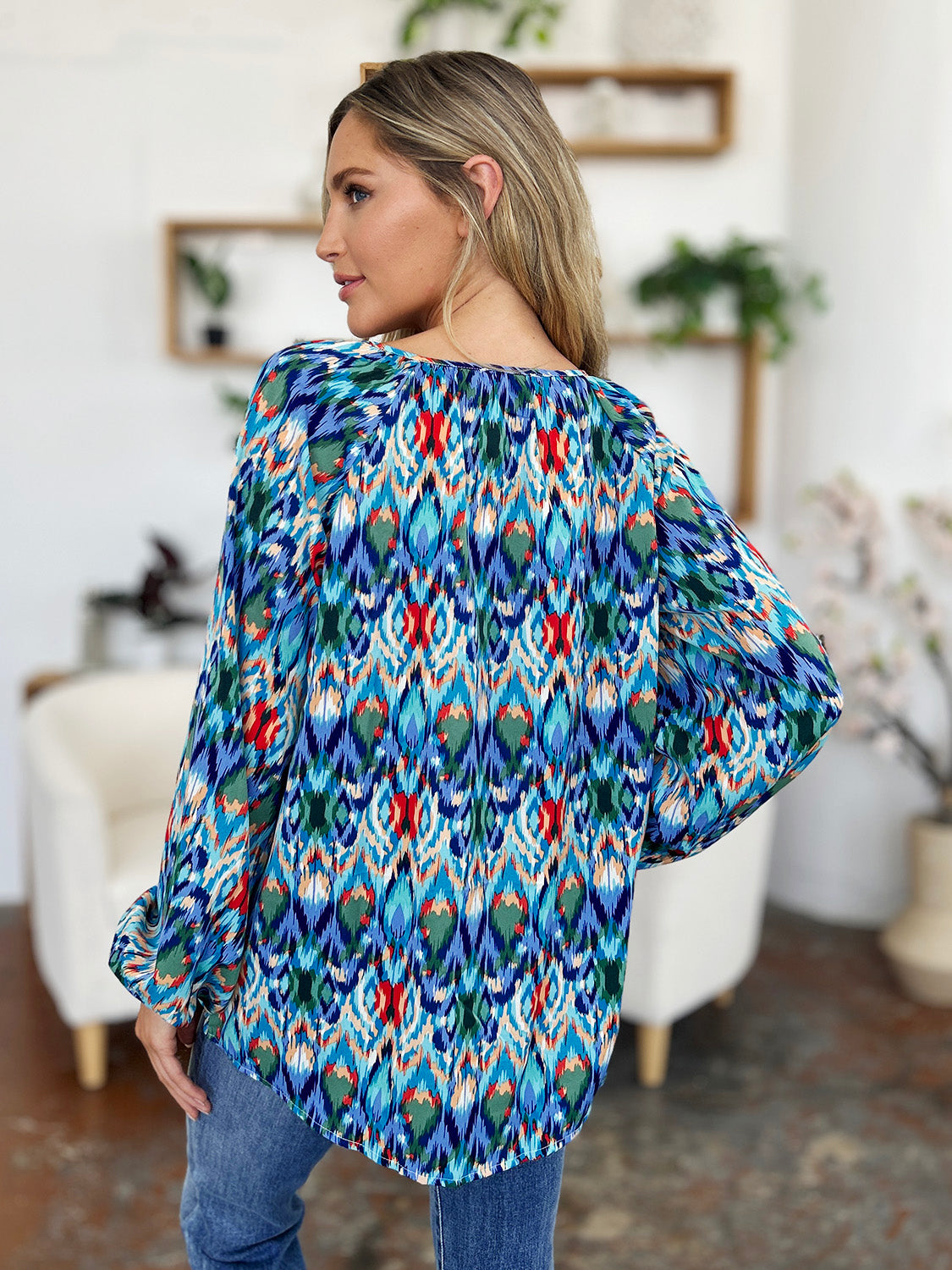 Double Take Full Size Printed Balloon Sleeve Blouse - EkaVibe