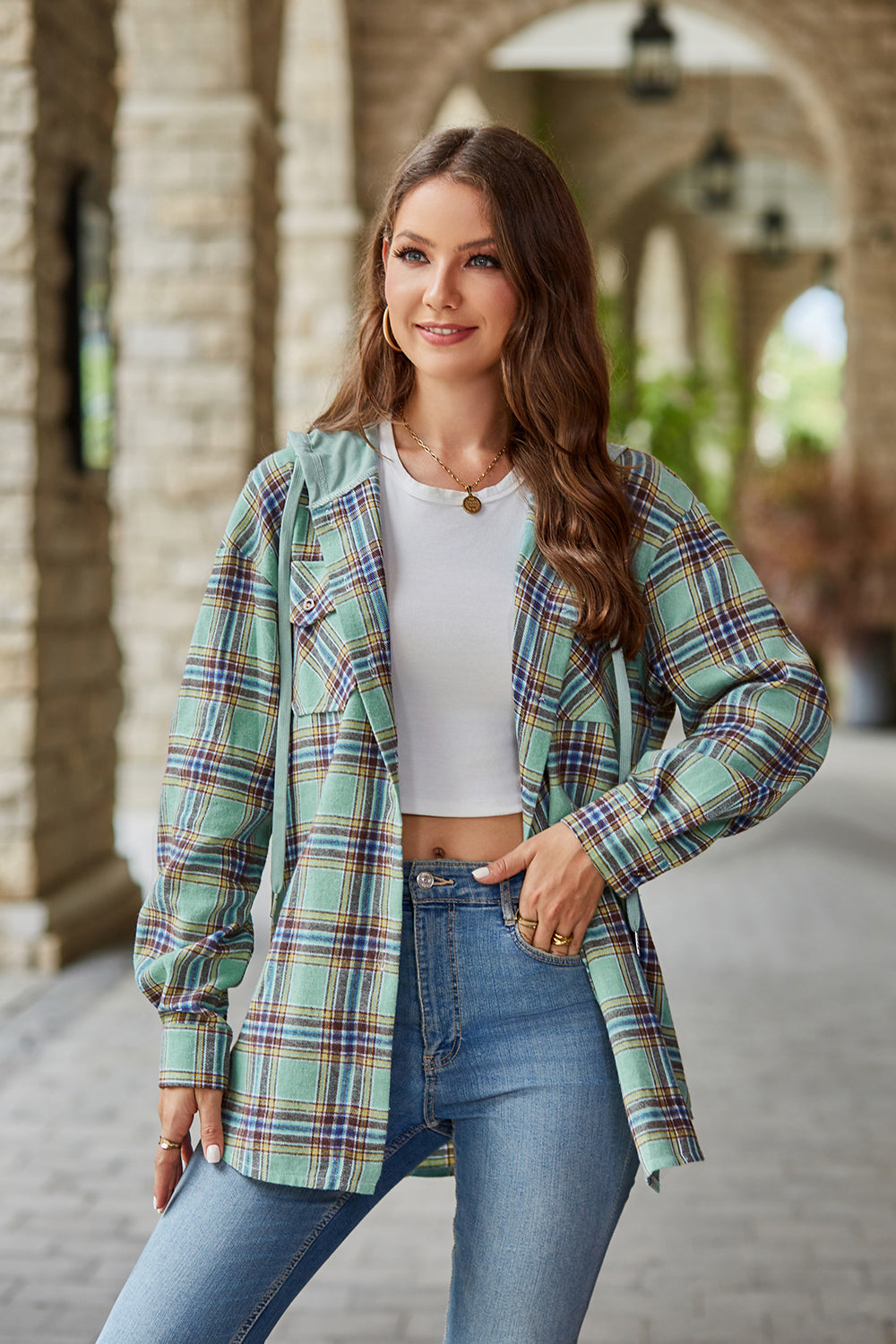 Mandy Plaid Long Sleeve Hooded Jacket - EkaVibe