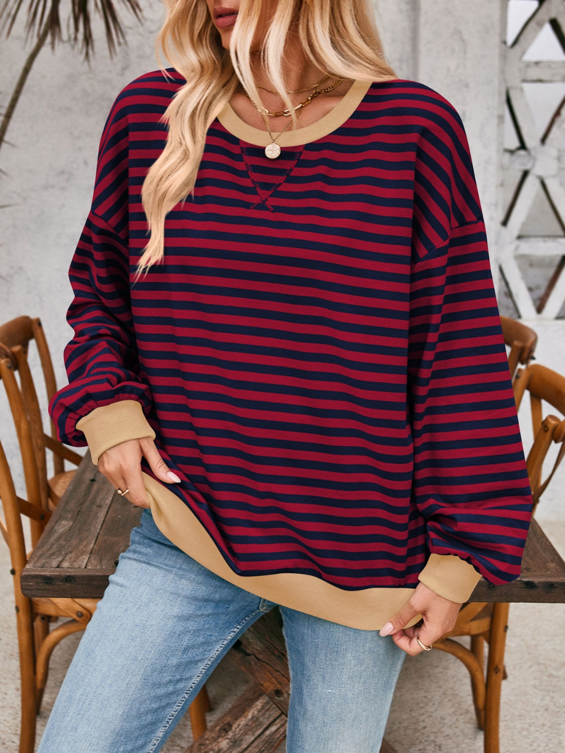 Lovelet Contrast Striped Long Sleeve Sweatshirt - EkaVibe