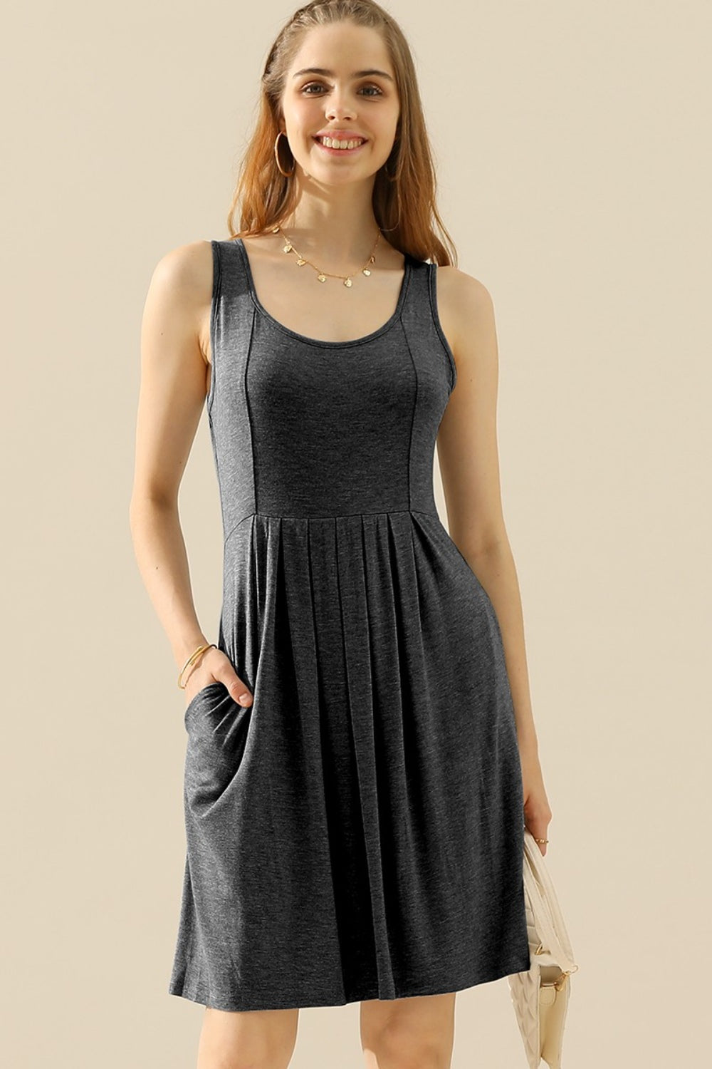 Doublju Full Size Round Neck Ruched Sleeveless Dress with Pockets - EkaVibe